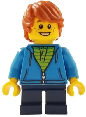 Child - Boy, Dark Azure Hoodie, Dark Blue Short Legs, Dark Orange Tousled Hair, Freckles, Smile with