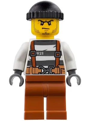 Police - City Bandit Crook Overalls 621 Prison Stripes, Dark Orange Legs, Black Knit Cap, Beard Stub