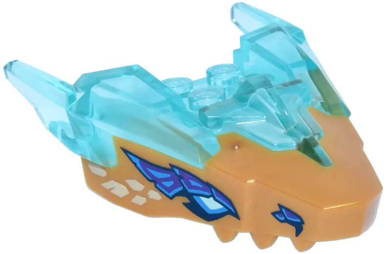 Trans-Light Blue Dragon Head (Ninjago) Jaw Upper with Horns with Molded Pearl Gold Face and Printed 
