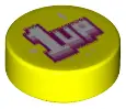 Neon Yellow Tile, Round 1 x 1 with White Sparkles and  '1UP' with Bright Pink, Dark Pink, and Magent