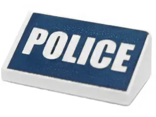 White Slope 30 1 x 2 x 2/3 with White 'POLICE' on Dark Blue Background Pattern