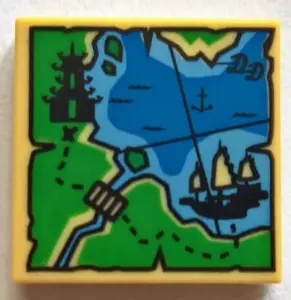 Tan Tile 2 x 2 with Ninjago Map with Pagoda, Bridge, Ship, Anchor, Water, Dotted Line Trail, and Scr