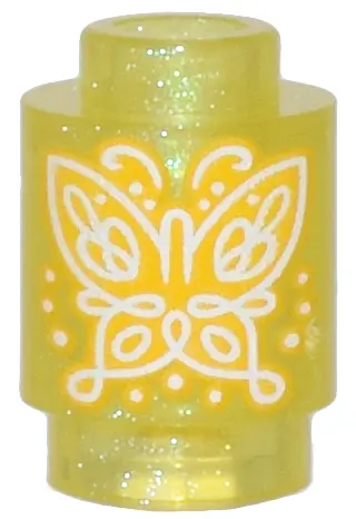 Satin Trans-Yellow Brick, Round 1 x 1 with Bright Light Orange and White Butterfly Pattern