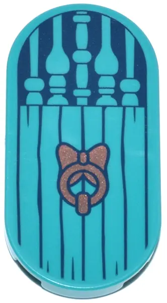 Dark Turquoise Tile, Round 2 x 4 Oval with Door with Spindles, Dark Blue Wood Grain and Copper Knock