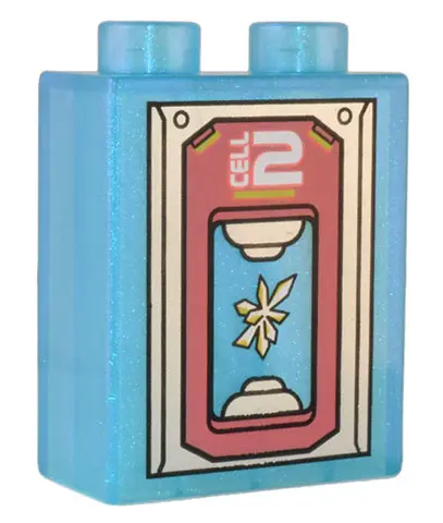 Satin Trans-Light Blue Duplo, Brick 1 x 2 x 2 with Silver and Coral Panel Holding White and Yellow C