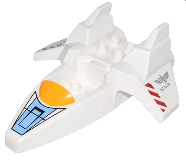 White Duplo Spaceship Body with Fins and Engines with Bright Light Orange Windscreen, Red Danger Str