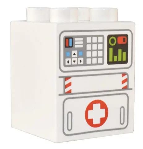 White Duplo, Brick 2 x 2 x 2 with Light Bluish Gray Mechanical Panel with Arrows and Keypad, Lime Di