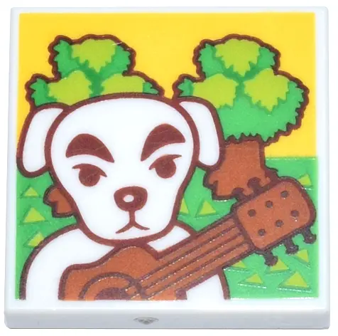 White Tile 2 x 2 with White Dog, Dark Orange Guitar, Bright Green and Lime Grass and Trees Pattern (