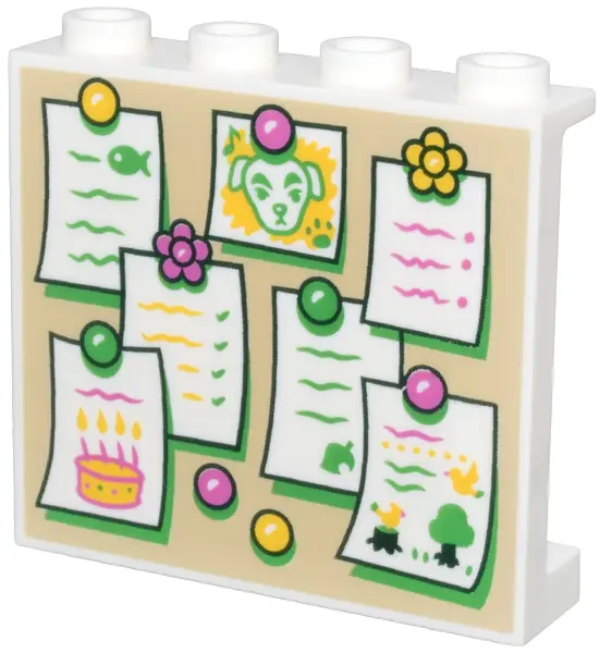 White Panel 1 x 4 x 3 with Side Supports - Hollow Studs with Tan Bulletin Board, White Notes with Br