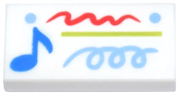 White Tile 1 x 2 with Blue Music Note, Lime Line, Medium Blue Dots and Spiral, Red Scribble Pattern
