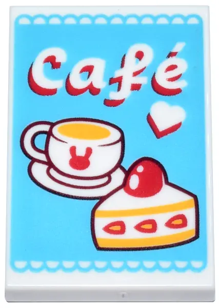 White Tile 2 x 3 with Medium Azure Sign with Red, White and Yellow Coffee Cup, Cake, Heart and 'Café