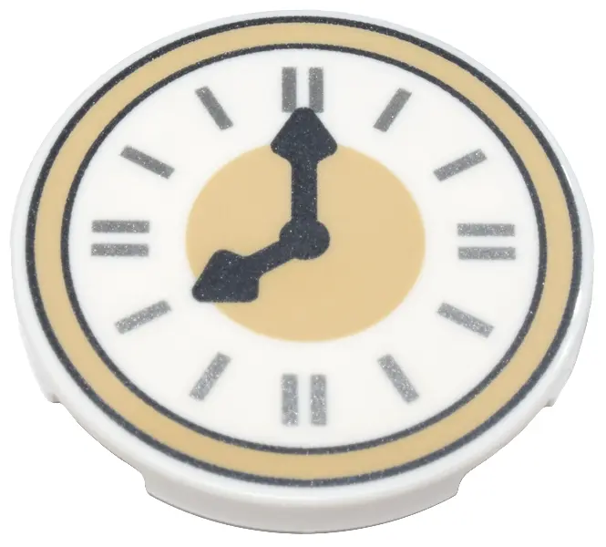 White Tile, Round 3 x 3 with Clock Face with Tan Border, Dark Silver Hands, and Silver Time Indicato