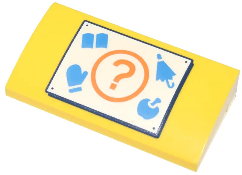 Yellow Slope, Curved 2 x 4 x 2/3 with Bottom Tubes with White Sign, Orange Question Mark, Dark Azure