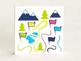 White Tile 2 x 2 with Map of Ski Resort with Flags, Trees and Mountains Pattern