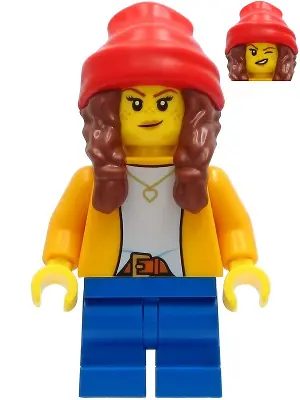 Girl - Bright Light Orange Jacket, Blue Medium Short Legs, Reddish Brown Hair with Braids and Red Be