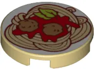Tan Tile, Round 2 x 2 with Bottom Stud Holder with Spaghetti Meatballs Pattern