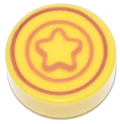Yellow Tile, Round 1 x 1 with Reddish Brown and Dark Orange Star and Concentric Circles Pattern (Ani