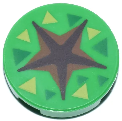 Bright Green Tile, Round 2 x 2 with Bottom Stud Holder with Dark Brown and Reddish Brown Star Shaped