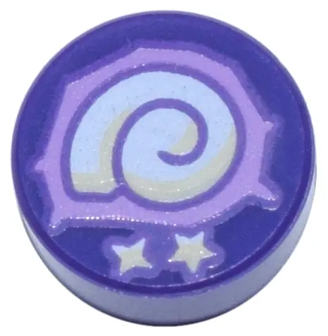 Dark Purple Tile, Round 1 x 1 with Medium Lavender and White Ammonite and Stars Pattern (Animal Cros