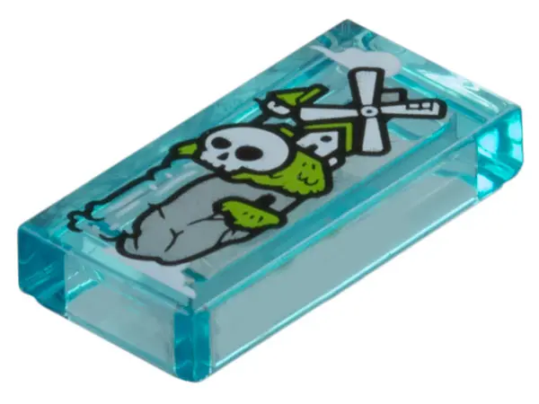 Trans-Light Blue Tile 1 x 2 with Light Bluish Gray Rock, Lime Grass, White Windmill, Skull and Water
