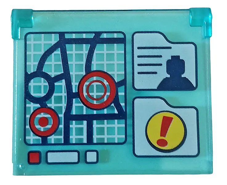 Trans-Light Blue Glass for Window 1 x 4 x 3 - Opening with Map, Minifigure Silhouette and Exclamatio
