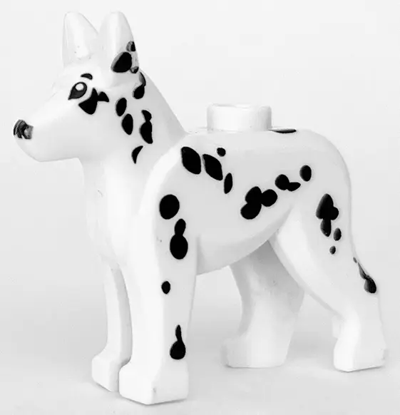 White Dog, Alsatian / German Shepherd with Black Eyes, Nose and Spots Pattern