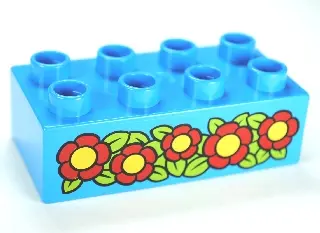 Dark Azure Duplo, Brick 2 x 4 with Red Flowers Pattern