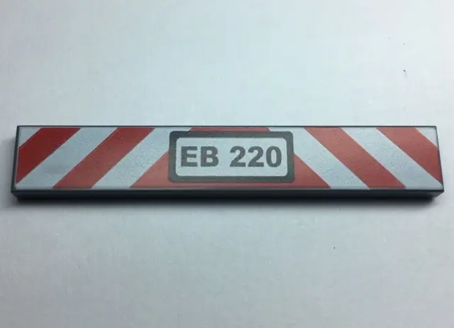 Dark Bluish Gray Tile 1 x 6 with 'EB 220' and Red and White Danger Stripes Pattern