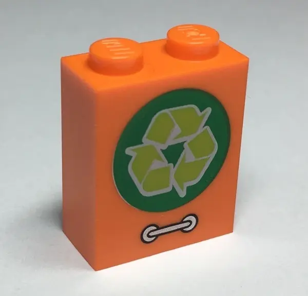 Orange Brick 1 x 2 x 2 with Inside Stud Holder with Lime Recycling Arrows in Green Circle and Silver