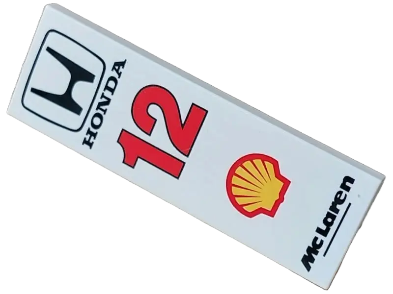 White Tile 2 x 6 with Black 'McLaren' and 'HONDA', Yellow Shell Logo and Red '12' Pattern