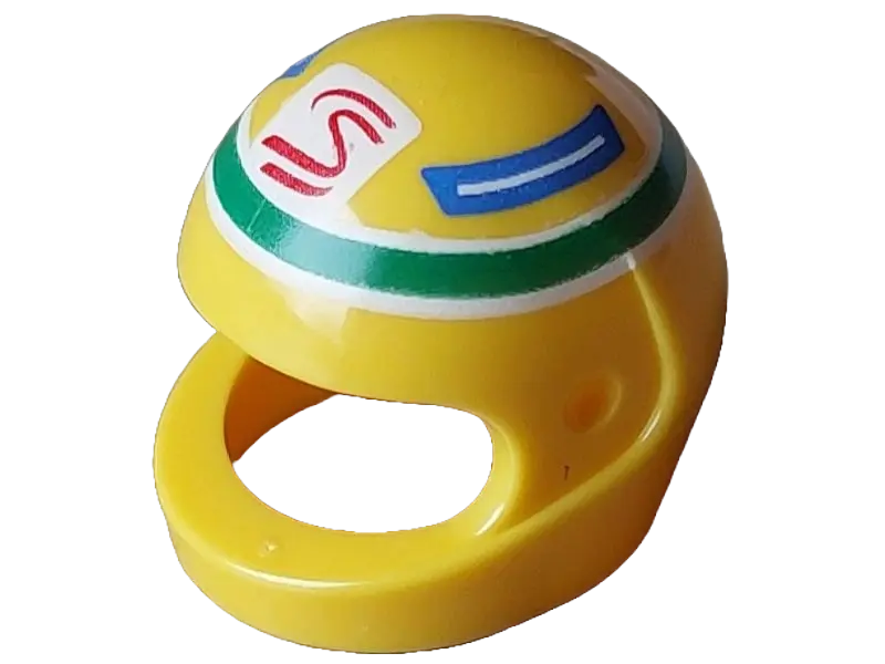 Yellow Minifigure, Headgear Helmet Motorcycle (Standard) with Red and White Senna Logo and Blue Pane
