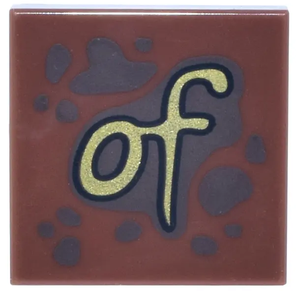 Brown Tile 2 x 2 with Dark Brown Spots and Splatters and Gold Script 'of' Pattern