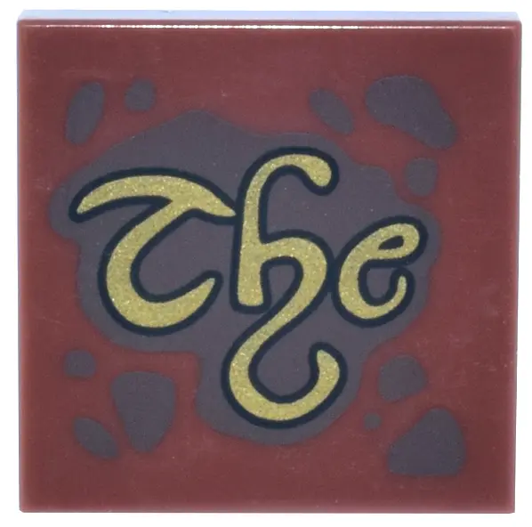 Brown Tile 2 x 2 with Dark Brown Spots and Splatters and Gold Script 'The' Pattern