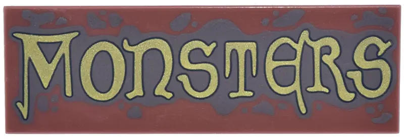 Brown Tile 2 x 6 with Dark Brown Spots and Splatters and Gold 'MONSTERS' Pattern