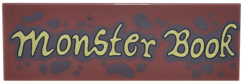 Brown Tile 2 x 6 with Dark Brown Spots and Splatters and Gold Script 'Monster Book' Pattern
