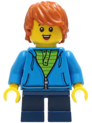 Child - Boy, Dark Azure Hoodie, Dark Blue Short Legs, Dark Orange Tousled Hair, Freckles, Smile with