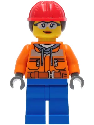 Construction Worker - Female, Orange Safety Jacket, Reflective Stripe, Sand Blue Hoodie, Blue Legs, 