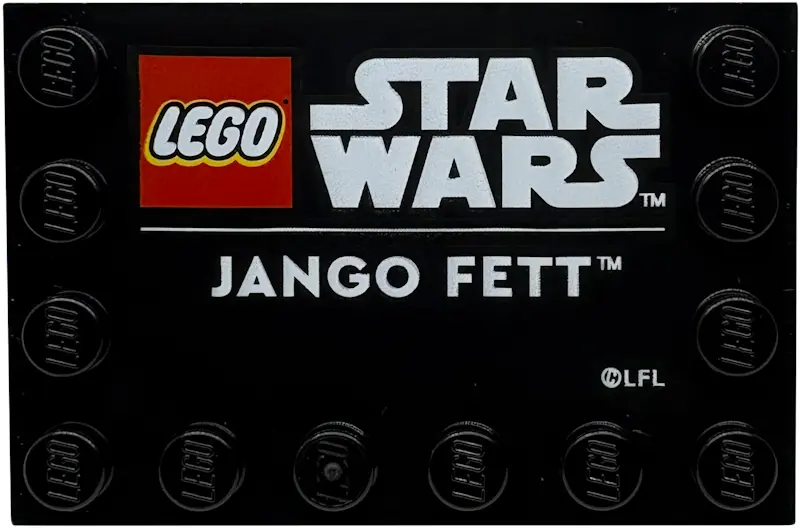 Black Tile, Modified 4 x 6 with Studs on Edges with LEGO Star Wars Logo and White 'JANGO FETT' Patte