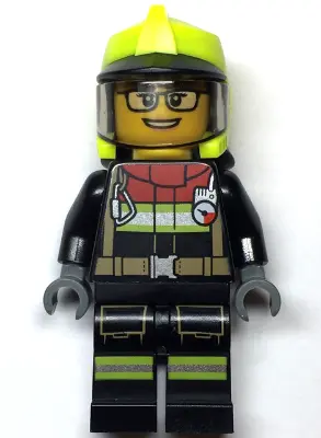 Fire - Female, Black Jacket and Legs with Reflective Stripes and Red Collar, Neon Yellow Fire Helmet