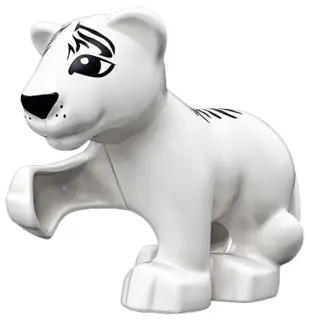 White Duplo Cat, Large, Baby Cub, Raised Paw (Tiger) with White Muzzle, Black Eyes, Nose and Stripes