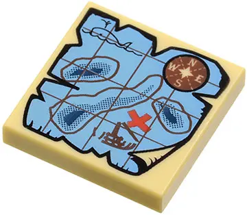 Tan Tile 2 x 2 with Map Nautical with Red 'X' Pattern