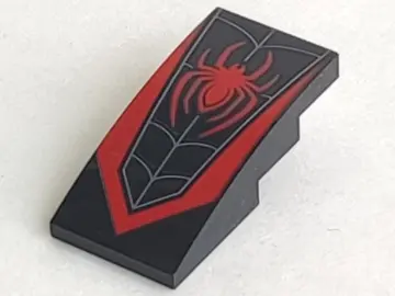 Black Slope, Curved 4 x 2 with Red Spider and Dark Bluish Gray Web Pattern