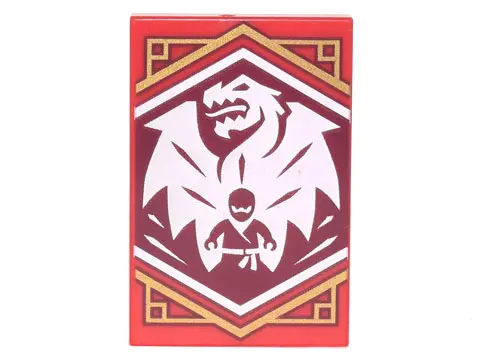 Red Tile 2 x 3 with White Dragon on Dark Red Background with Gold Trim Pattern (Ninjago Courage Bann