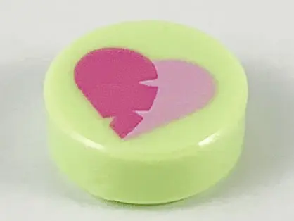 Yellowish Green Tile, Round 1 x 1 with Dark Pink and Bright Pink Heart Pattern