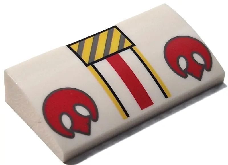 White Slope, Curved 2 x 4 x 2/3 with Bottom Tubes with Yellow and Dark Bluish Gray Danger Stripes, 2