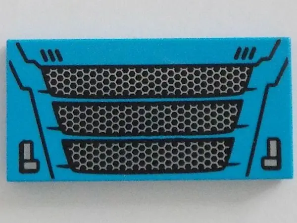Dark Azure Tile 2 x 4 with Car Front Grille with Black and Silver Pattern