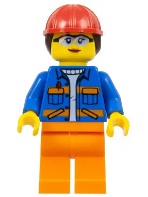Construction Worker - Female, Blue Jacket with Diagonal Lower Pockets and Orange Stripes, Orange Leg