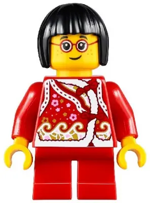 Child - Girl, Red Shirt with Bows and Flowers, Red Short Legs, Black Short Hair, Glasses, Freckles