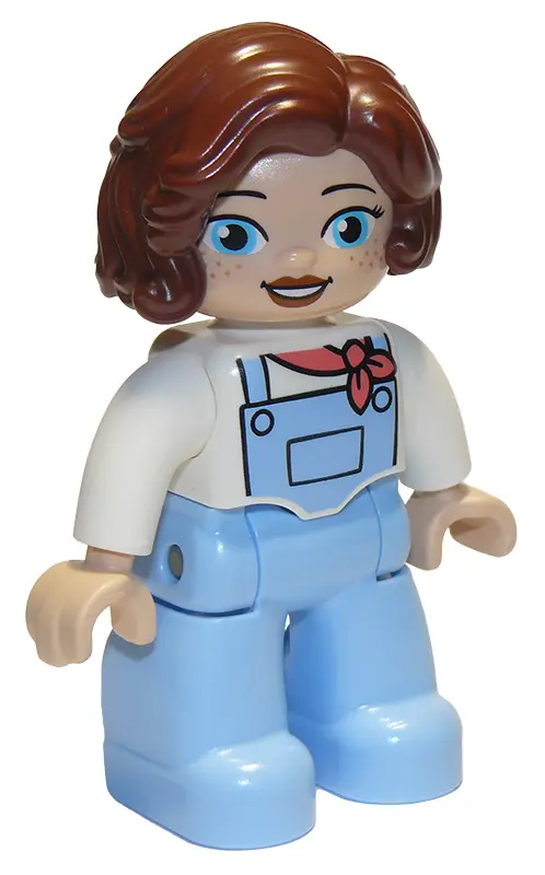 Duplo Figure Lego Ville, Female, Bright Light Blue Legs with Overalls, White Top, Freckles, Reddish 