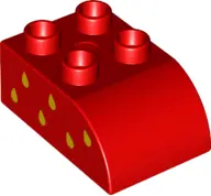 Red Duplo, Brick 2 x 3 Slope Curved with Yellow Seeds Pattern Model Left Side